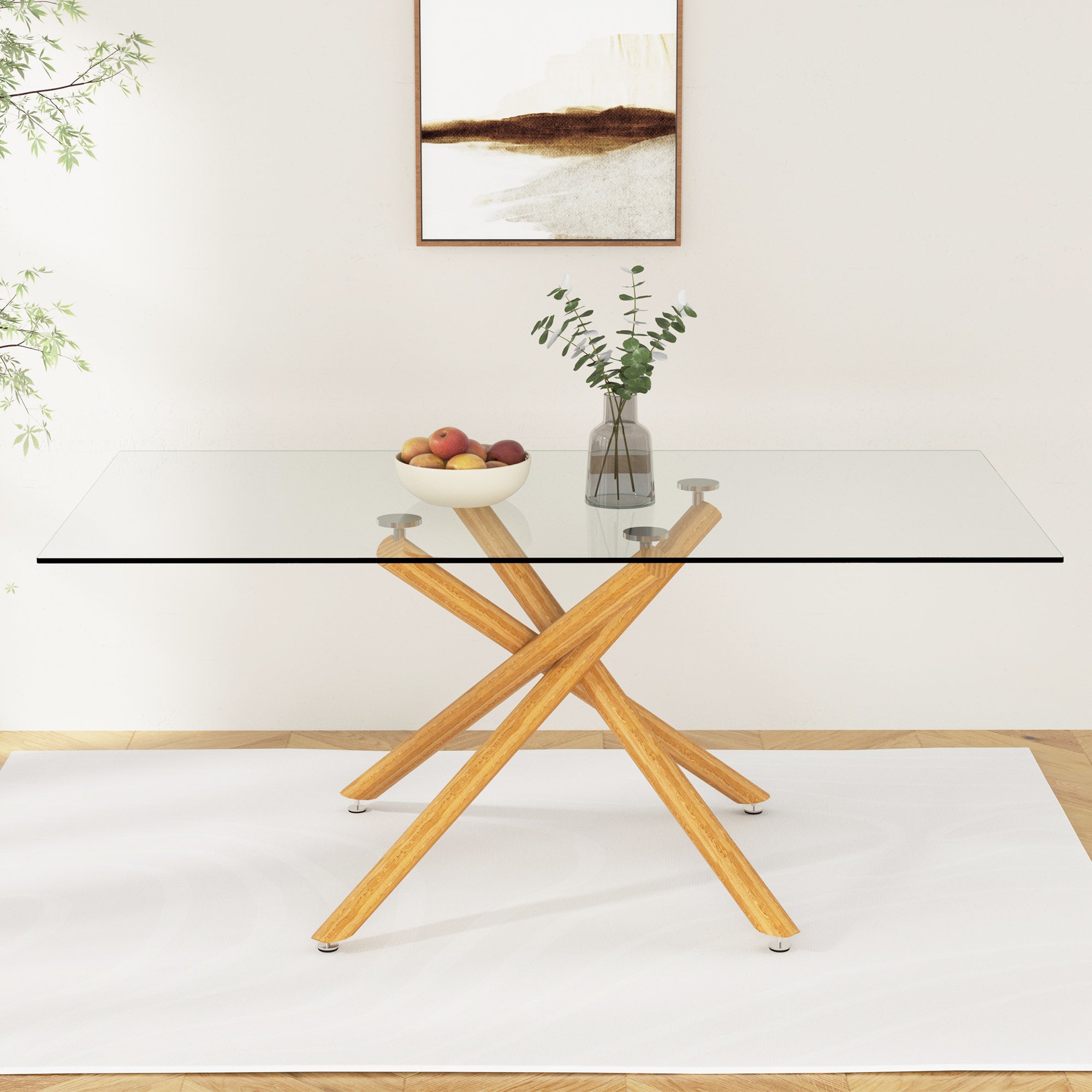 Modern Minimalist Rectangular Glass Dining Table for 6-8 with 0.39" Tempered Glass Tabletop and Wood color Metal Legs