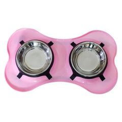 Bone Shaped Plastic Pet Double Diner with Stainless Steel Bowls - Pink and Silver