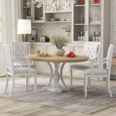 Retro 5-piece Dining Set Extendable Round Table and 4 Chairs - Oak Natural Wood + Antique White