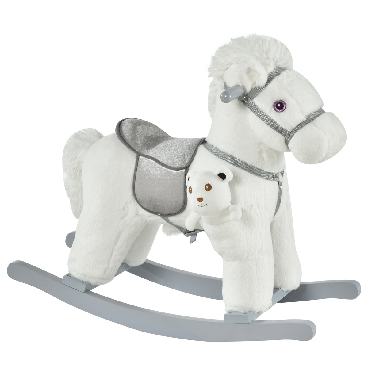 Kids Plush Ride-On Rocking Horse with Bear Toy, Children Chair with Soft Plush Toy & Fun Realistic Sounds, White