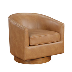 Wood Base Barrell Swivel Faux Leather Chair