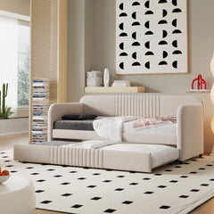 Upholstered Daybed Sofa Bed Twin Size With Trundle Bed and Wood Slat - Beige