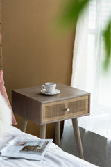 27"Tall Storage Cabinet with Natural Rattan Decorated Drawer Bedside Console Table with Grey Finished Surface