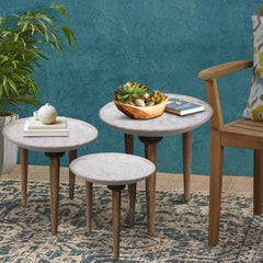 Mango Wood Bowl Top Side End Coffee Table with Angled Tripod Base (Set of 3) - White and Brown