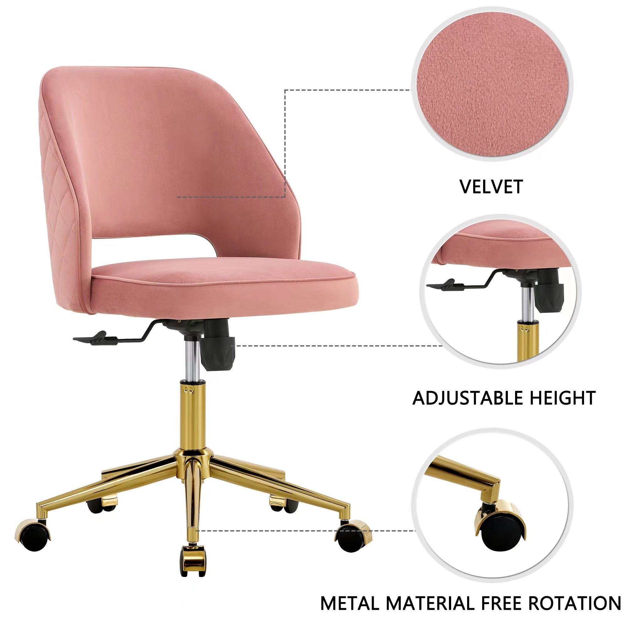 Modern Velvet Office Chairs, Adjustable 360 °Swivel Chair With Wheels - Pink