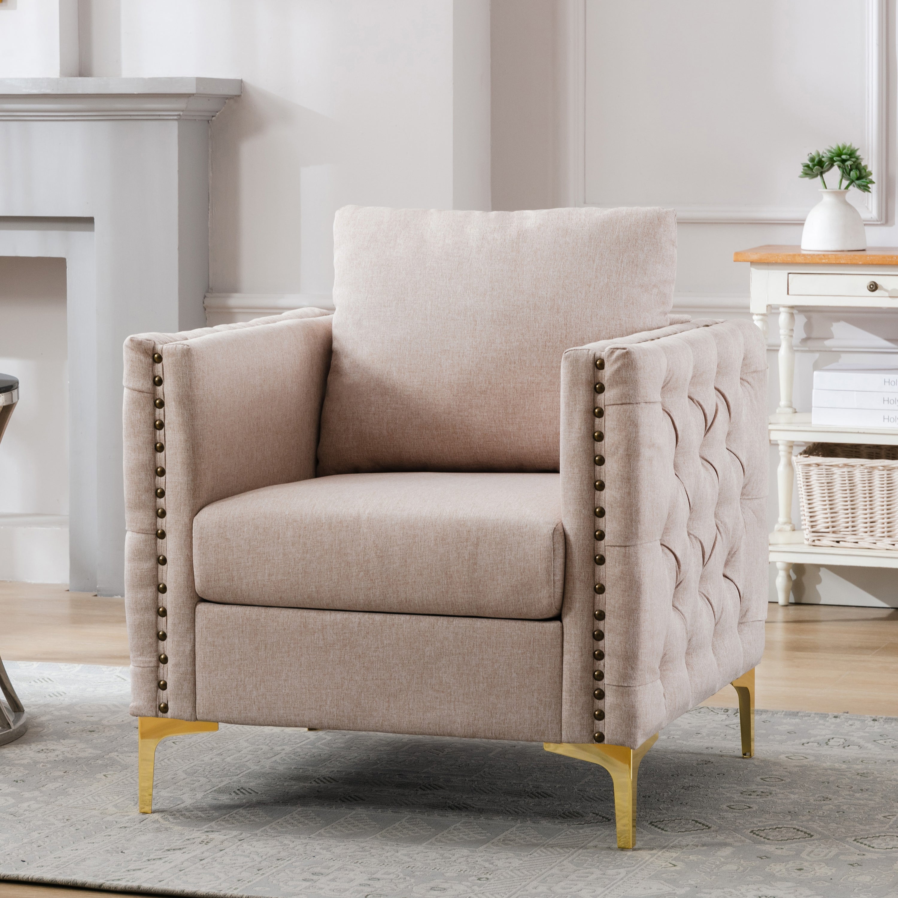 Modern Armchair Tufted Button Accent Chair Club Chair with Steel Legs- Tan