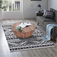 Handcarved Drum Shape Round Top Mango Wood Distressed Wooden Coffee Table - Brown
