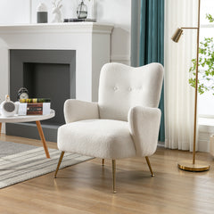 Modern Teddy Short Plush Particle Armchair, Accent Chair with Golden Metal Legs and High Back - White