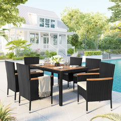 7-Piece Outdoor Patio Dining Set, Stackable Armrest Chairs with Cushions - Brown