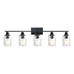 5-Light Bathroom Lighting Fixtures Over Mirror 40 Inches Length, Contemporary Black Vanity Light Industrial Wall Lamp with Clear Hammered Glass Shade