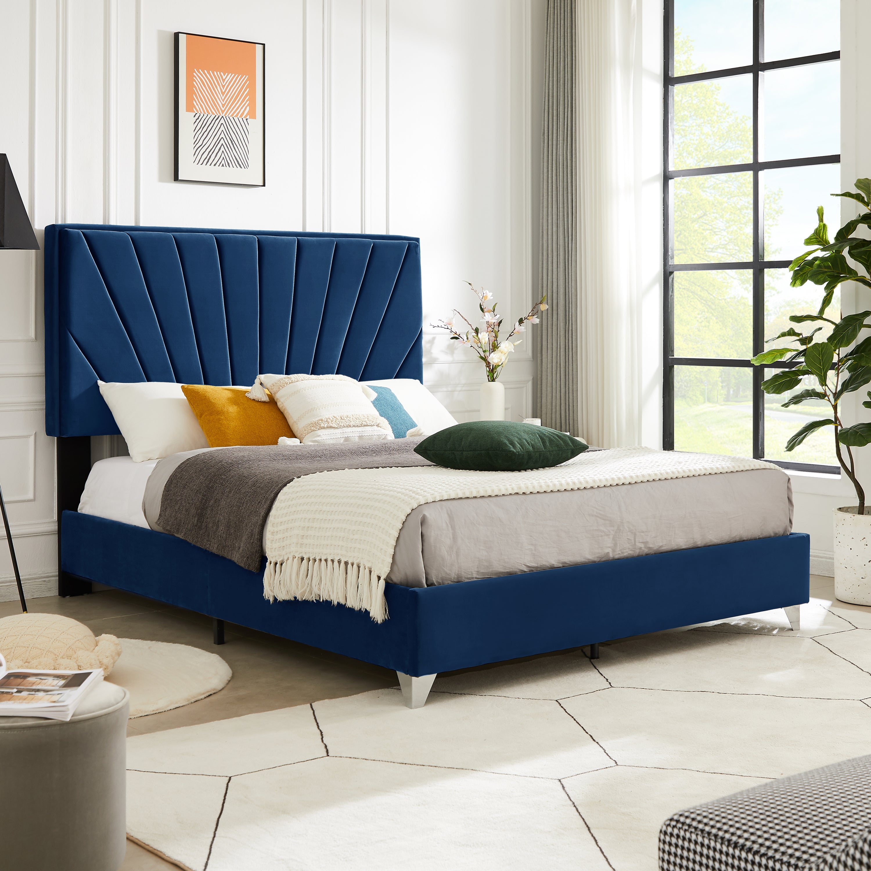 Full Bed Line Stripe Cushion Headboard  - Blue Navy