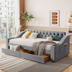 Twin Size Upholstered Daybed with Storage Armrests and USB Port - Gray