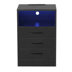 Nightstand with 3 Drawers and Cabinet,USB Charging Ports, Wireless Charging and Remote Control LED Light-Black