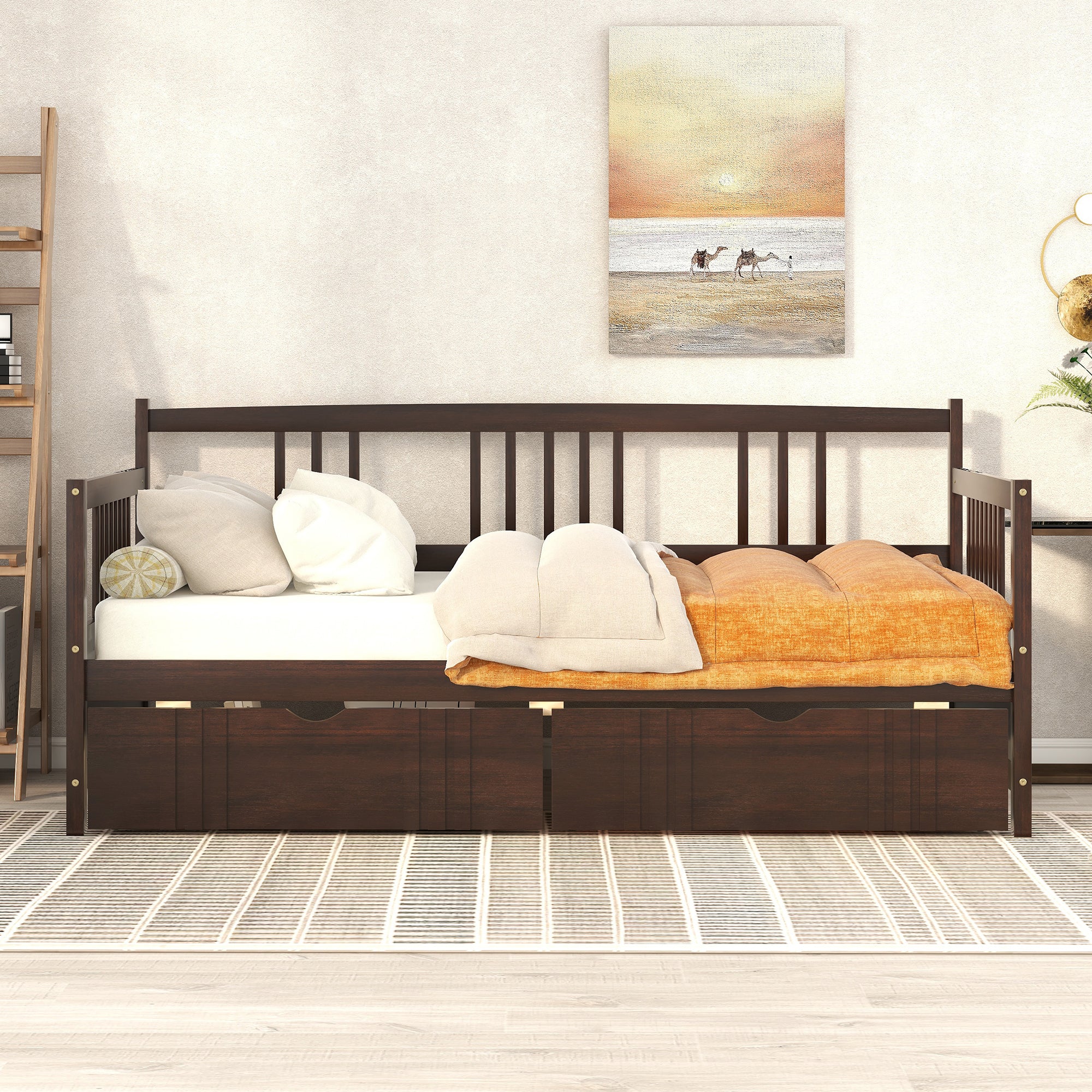 Twin Size Daybed Wood Bed with Two Drawers - Espresso