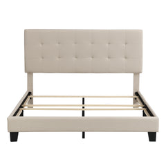 Queen Size Bed with Tufted Headboard, Box Spring Needed - Beige Linen Fabric