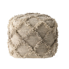 Handcrafted Boho Wool and Cotton Pouf - Gray