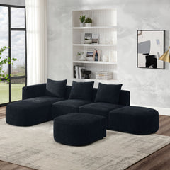 L Shape Sectional Sofa including Two Single Seats, Left Side Chaise and Two Ottomans - Black
