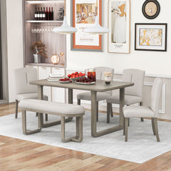 6-Piece Retro-Style Dining Set Includes Dining Table, 4 Upholstered Chairs & Bench with Foam-covered Seat Backs & Cushions - Light Khaki + Beige