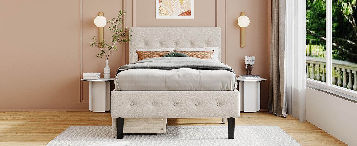 Twin Size Upholstered Platform Bed with 2 Drawers - Beige