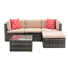5Pcs Outdoor Garden Patio Furniture PE Rattan Wicker Sectional Cushioned Sofa Sets with 2 Pillows and Coffee Table