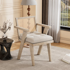 Accent Chair with Handcrafted Rattan Backrest and Padded Seat - Natural