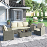 5 Piece Rattan Sectional Seating Group with Cushions and table, Patio Furniture Sets, Outdoor Wicker Sectional - Beige