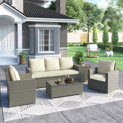 5 Piece Rattan Sectional Seating Group with Cushions and table, Patio Furniture Sets, Outdoor Wicker Sectional - Beige