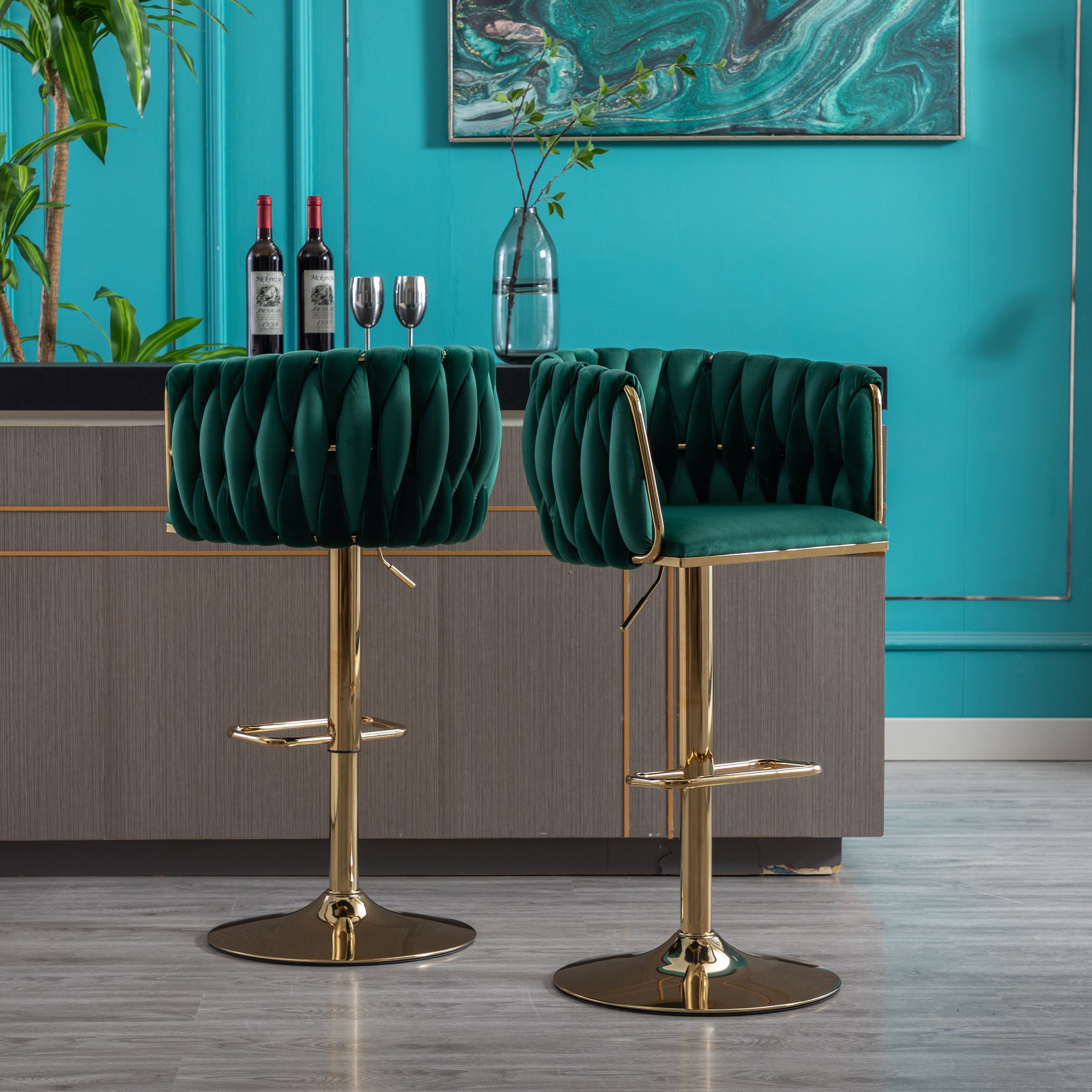 Bar Stools with Chrome Footrest and Base Swivel Height Adjustable Golden Leg - Green