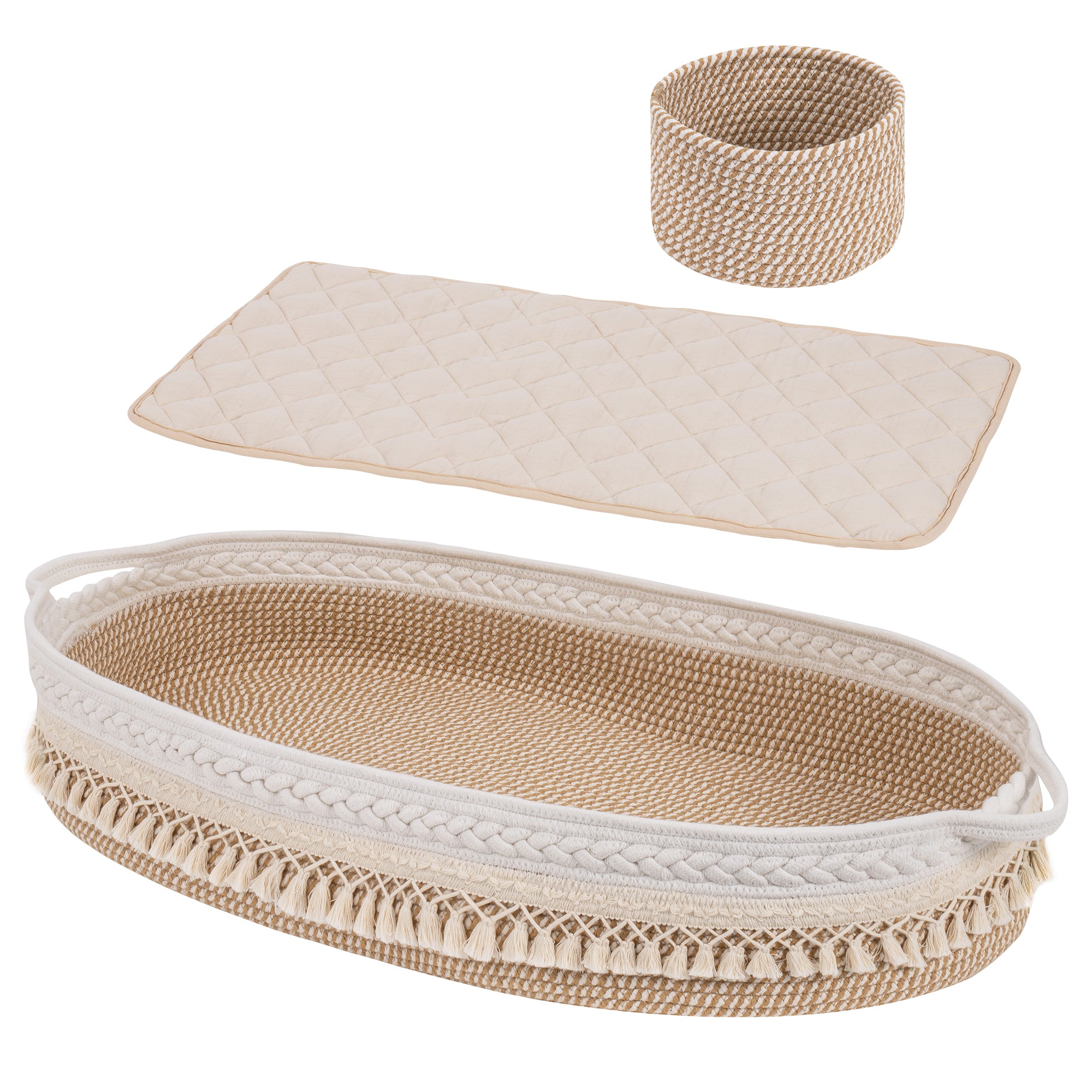Baby Changing Handmade Woven Cotton Rope Moses Basket - Beige & Brown