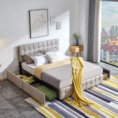 Full Size Upholstered Platform Bed Frame with Adjustable Headboard with 4 Drawers Storage, Wooden Slat Support Mattress Foundation - Beige