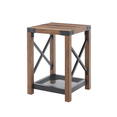 Farmhouse Wood Side Table, Nightstand with Mesh Shelf, 2-Tier End Table - Brown