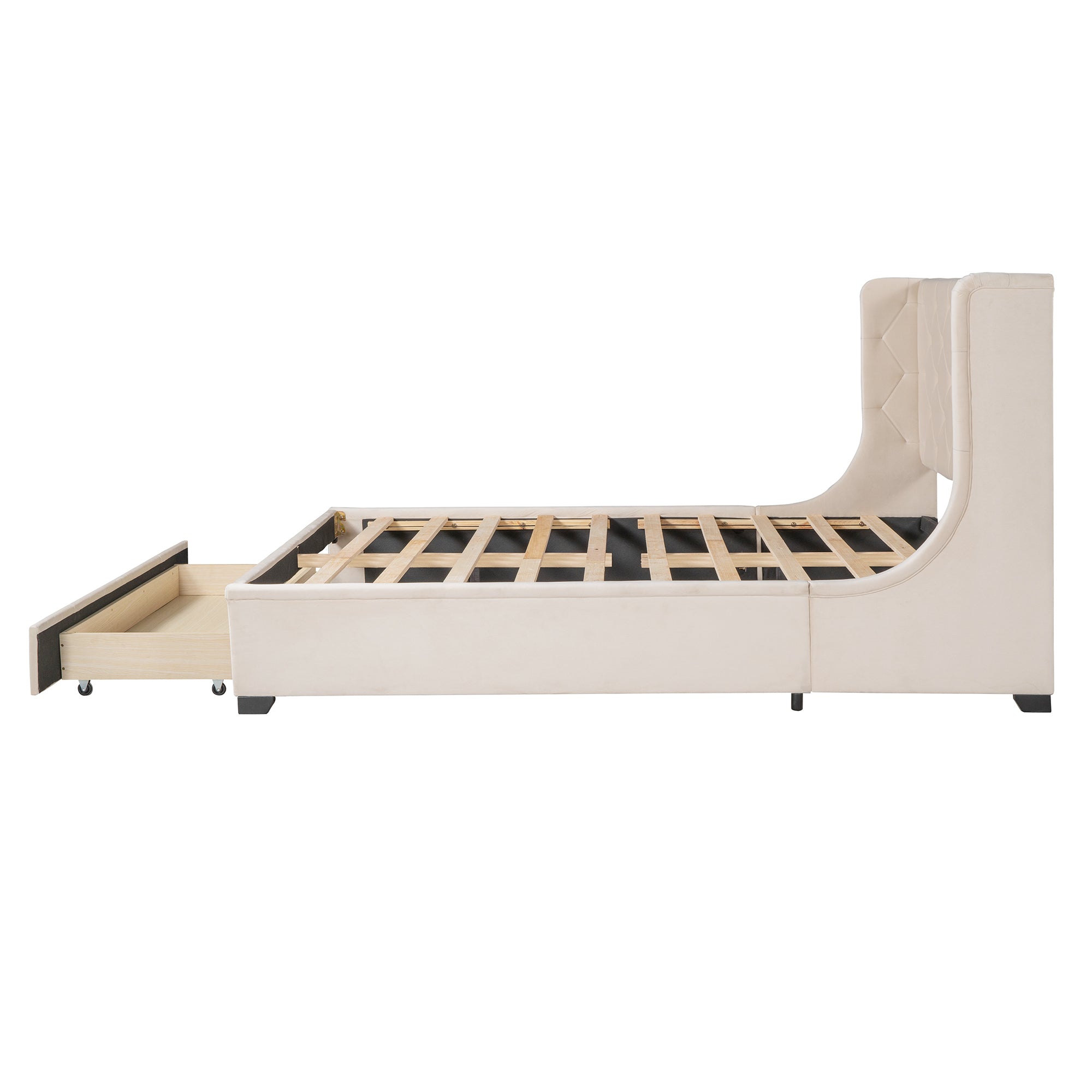 Queen Size Storage Bed Velvet Upholstered Platform Bed - Beige