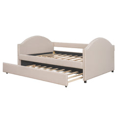 Full Daybed with Twin Size Trundle, Wood Slat Support - Beige