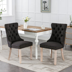 Set of 2 - High-end Tufted Solid Wood Contemporary Flax Upholstered Linen Dining Chair with Wood Legs Nailhead Trim - Black Linen