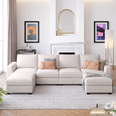 MAICOSY 3 Pieces U Shaped Sectional Sofa Sleeper with Removable Ottomans, Beige