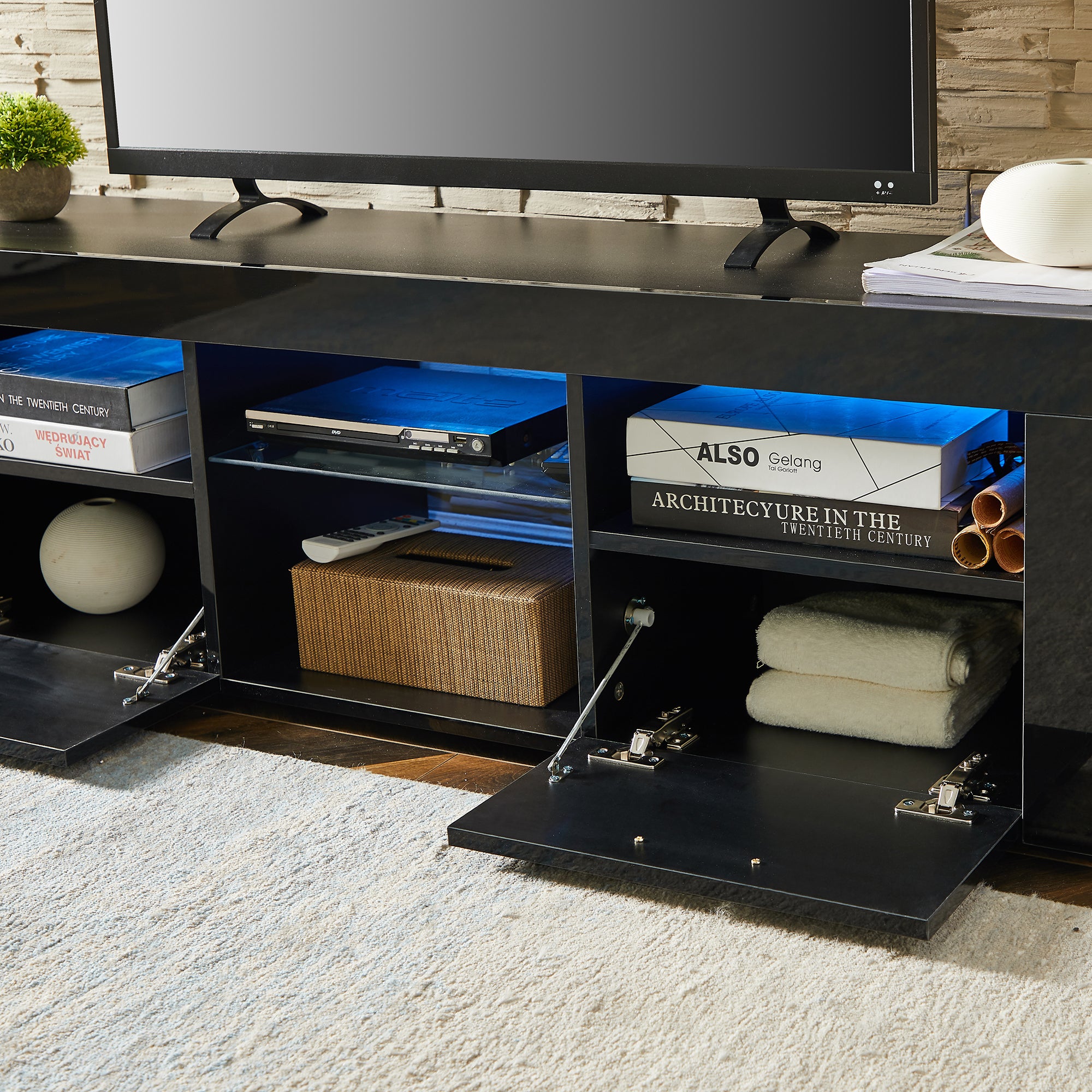 Modern TV Stand with LED Lights, high glossy - Black