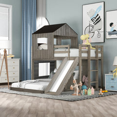 Farmhouse Loft Bed with Playhouse Ladder & Slide - White