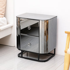 Mirrored Nightstand, Grey End Table - Black Iron Frame