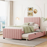 Twin Size Velvet Upholstered Platform Bed with Twin Size Trundle - Pink