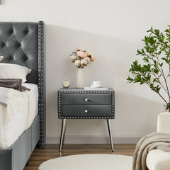 King Bed + 1 Nightstand - Button designed Headboard