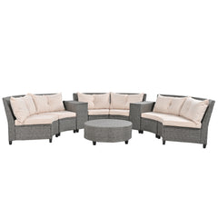 6-Person Fan-shaped Rattan Suit Combination with Cushions and Table, Suitable for Garden - Beige
