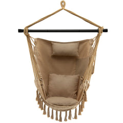Hanging Rope Swing Chair with Soft Pillow and Cushions - Beige