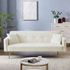 Cream White Velvet Sleeper Convertible Folding Futon Sofa Bed