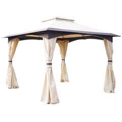 10'x10' Outdoor Gazebo with Netting and Curtains, Patio Gazebo Canopy with 2-Tier Soft Top Roof and Steel Frame for Lawn, Garden, Backyard and Deck - White