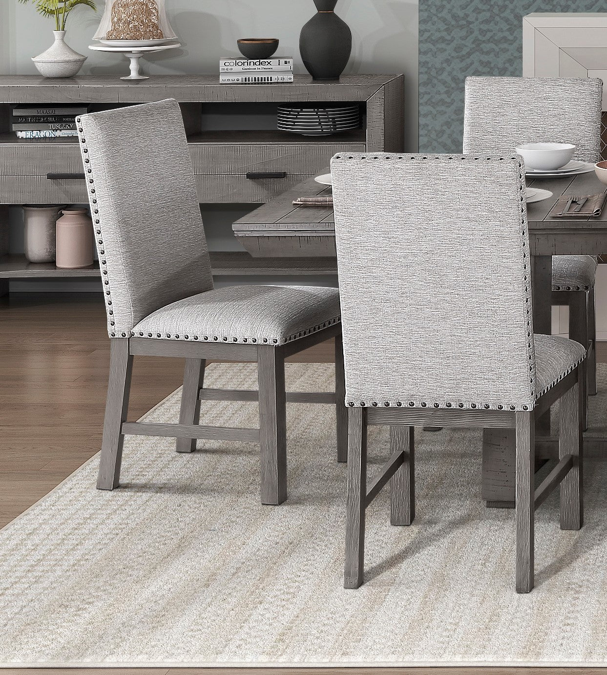 Dining Chairs Grey Finish Wood Frame Rustic Design - Beige