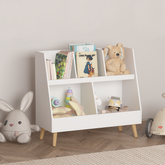 Kids Bookshelf and Toy Organizer, 5 Cubbies Wooden Open Bookcase, 2-Tier Baby Storage Display Organizer with Legs, Free Standing for Playing Room, Bedroom, Nursery, Classroom - White