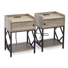 Wood Nightstand, Farmhouse End Table with Charging Station, USB Ports, Cabinet, and Shelf, Sofa Bed Side Table- Rustic Gray (Set of 2)
