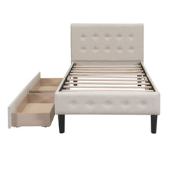 Twin Size Upholstered Platform Bed with 2 Drawers - Beige