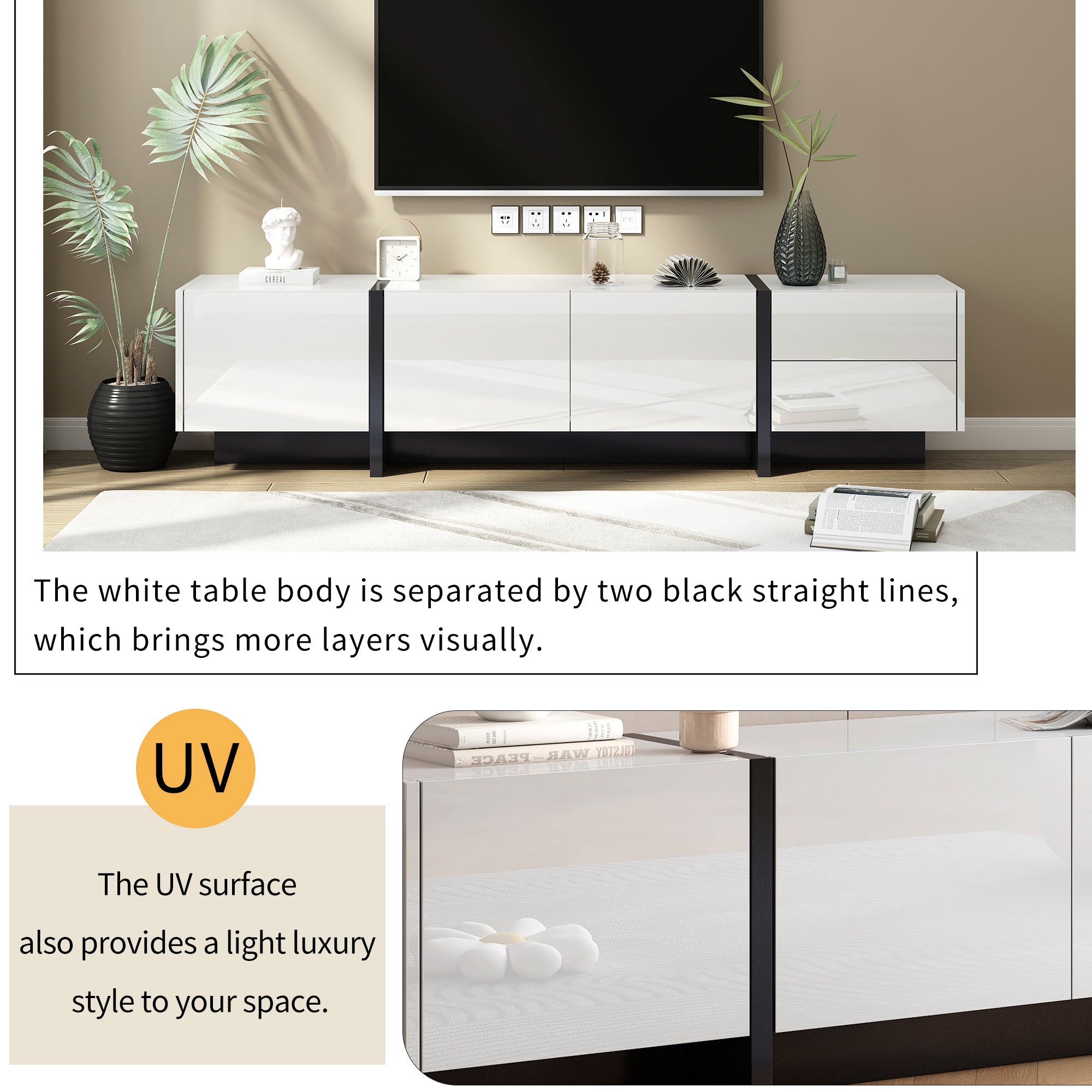 Contemporary Design TV Stand for TVs Up to 80” with High Gloss UV Surface - White & Black