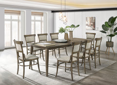 Vintage Walnut 9 Piece Dining Table with Extension Leaf and Off White Fabric Dining Chairs